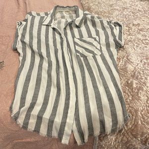 Umgee boutique fringe hem gray and white lightweight blouse.